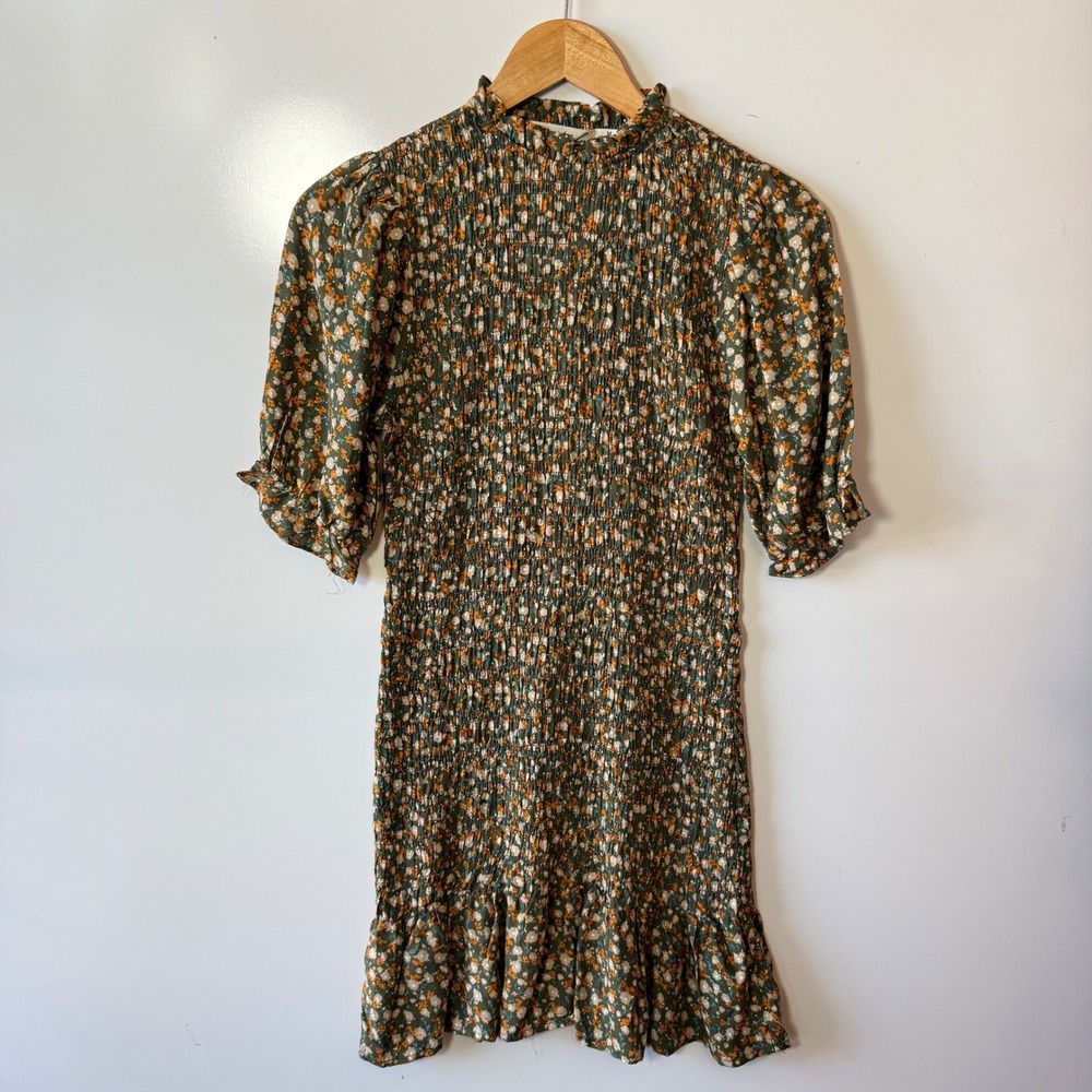 Liberty Love Smocked Floral Dress Mock Neck Flutter Sleeve Ruffle Hem M
